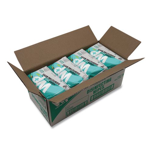 Image of Carlisle 37701 WipesPlus Disinfecting Surface Wipes, Flat Pack, 1-Ply, 7 x 8, Lemon, White, 80 Wipes/Refill Pack, 12 Packs/Carton