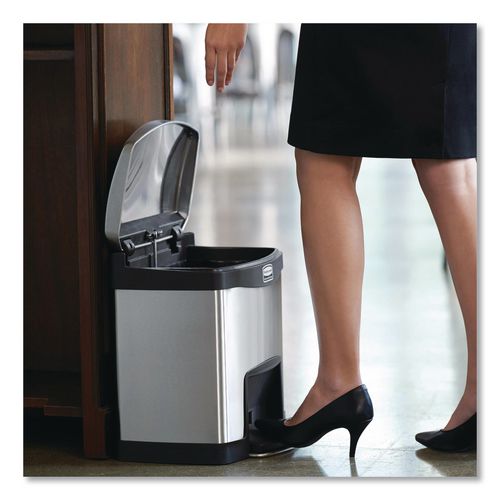 Image of Rubbermaid® Commercial 1901982 Slim Jim Stainless Steel Step-On Container, Front Step Style, 4 gal, Stainless Steel, Black