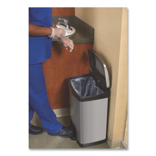 Image of Rubbermaid® Commercial 1901982 Slim Jim Stainless Steel Step-On Container, Front Step Style, 4 gal, Stainless Steel, Black