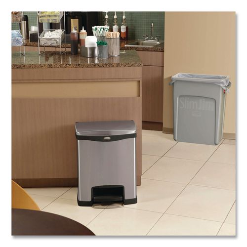 Image of Rubbermaid® Commercial 1901985 Slim Jim Stainless Steel Step-On Container, Front Step Style, 8 gal, Stainless Steel, Black