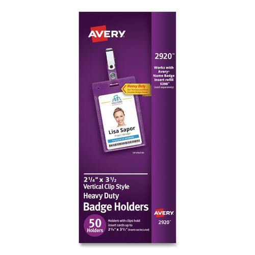Image of Avery® 2920 Heavy-Duty Badge Holders, Vertical, 2.25 x 3.5 Holder, Clear, 50/Box