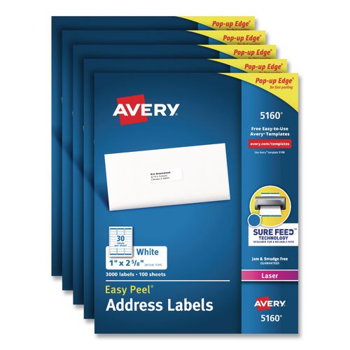 Image of Avery® 5160CT Easy Peel White Address Labels with Sure Feed Technology, Laser, 1 x 2.63, 30/Sheet, 100 Sheets/Pack, 5 Packs/Carton
