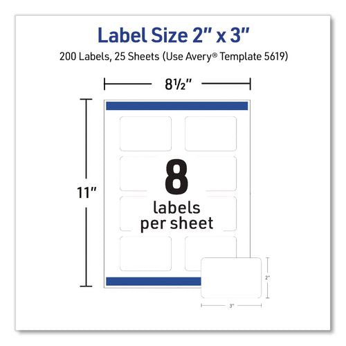 Image of Avery® 05619 Rectangular Labels with Sure Feed Technology, Inkjet/Laser, 2 x 3, Matte White, 8 Labels/Sheet, 25 Sheets/Pack