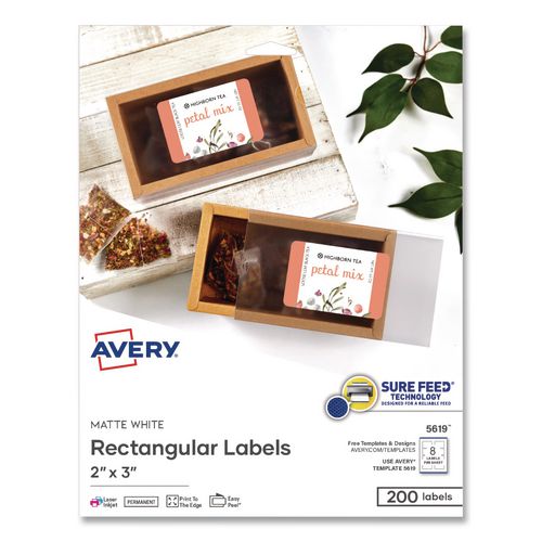Image of Avery® 05619 Rectangular Labels with Sure Feed Technology, Inkjet/Laser, 2 x 3, Matte White, 8 Labels/Sheet, 25 Sheets/Pack