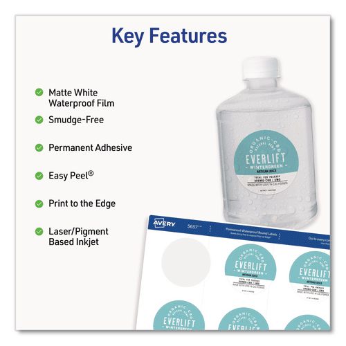 Image of Avery® 05657 Waterproof Round Labels with Sure Feed Technology, Laser/Pigment-Based Inkjet, 2" dia, Matte White, 12/Sheet, 8 Sheets/Pack