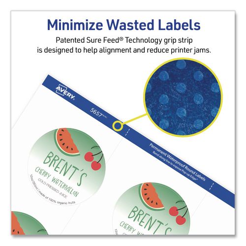 Image of Avery® 05657 Waterproof Round Labels with Sure Feed Technology, Laser/Pigment-Based Inkjet, 2" dia, Matte White, 12/Sheet, 8 Sheets/Pack