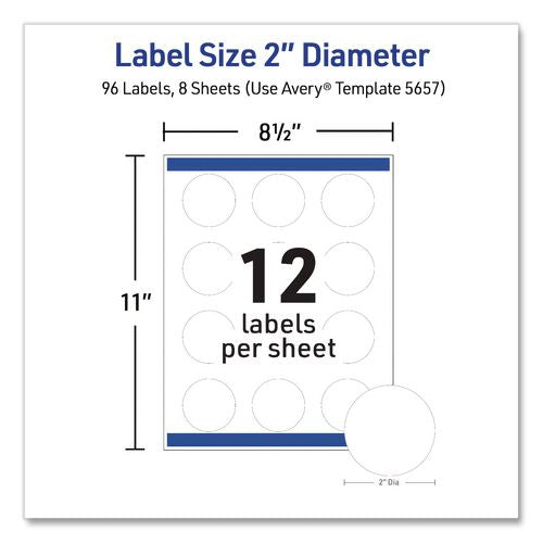 Image of Avery® 05657 Waterproof Round Labels with Sure Feed Technology, Laser/Pigment-Based Inkjet, 2" dia, Matte White, 12/Sheet, 8 Sheets/Pack
