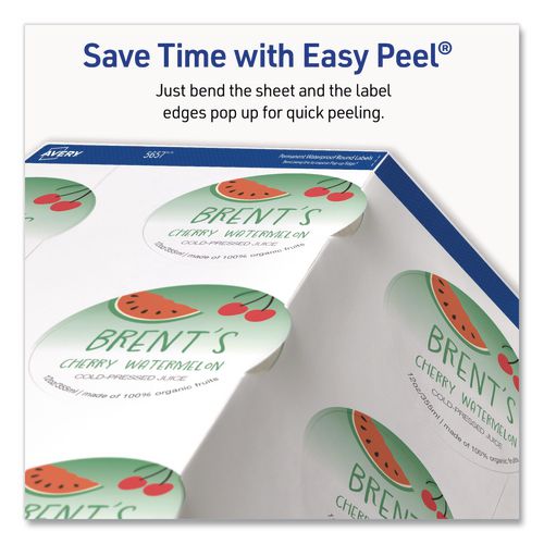 Image of Avery® 05657 Waterproof Round Labels with Sure Feed Technology, Laser/Pigment-Based Inkjet, 2" dia, Matte White, 12/Sheet, 8 Sheets/Pack