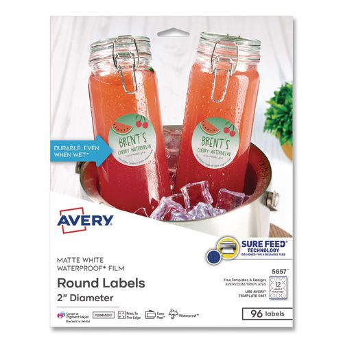 Image of Avery® 05657 Waterproof Round Labels with Sure Feed Technology, Laser/Pigment-Based Inkjet, 2" dia, Matte White, 12/Sheet, 8 Sheets/Pack
