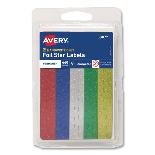 Image of Avery® 06007 Foil Star Labels, 0.5", Assorted Colors, 440/Pack