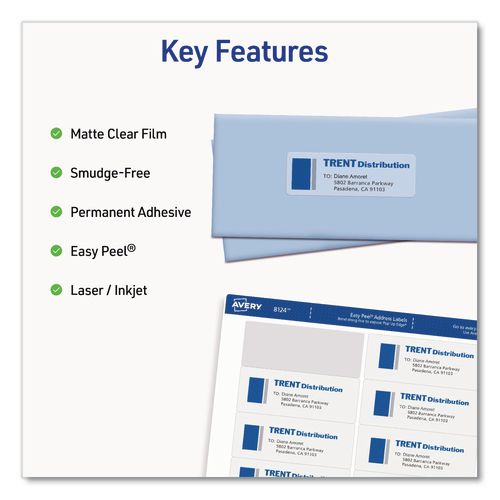 Image of Avery® 08124 Matte Clear Address Labels with Sure Feed Technology, Inkjet/Laser, 1.33 x 4, 14/Sheet, 10 Sheets/Pack