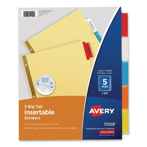 Image of Avery® Insertable Big Tab Dividers, 5-Tab, Double-Sided Gold Edge Reinforcing, 11 x 8.5, Buff, Assorted Tabs, 48 Sets/Carton