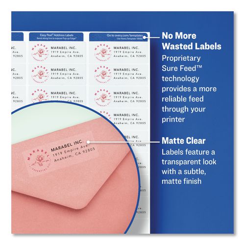 Image of Avery® 18695 Easy Peel Return Address Labels with Sure Feed Technology, Inkjet, 0.66 x 1.75, Matte Clear, 60/Sheet, 10 Sheets/Pack