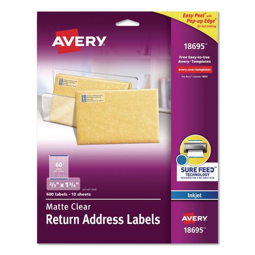 Image of Avery® 18695 Easy Peel Return Address Labels with Sure Feed Technology, Inkjet, 0.66 x 1.75, Matte Clear, 60/Sheet, 10 Sheets/Pack
