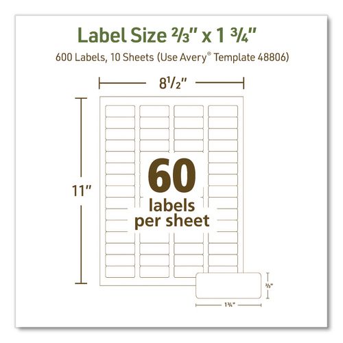 Image of Avery® 48806 EcoFriendly Recycled Return Address Labels, Inkjet/Laser, 0.66 x 1.75, White, 60/Sheet, 10 Sheets/Pack