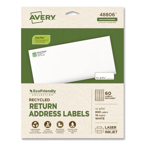 Image of Avery® 48806 EcoFriendly Recycled Return Address Labels, Inkjet/Laser, 0.66 x 1.75, White, 60/Sheet, 10 Sheets/Pack