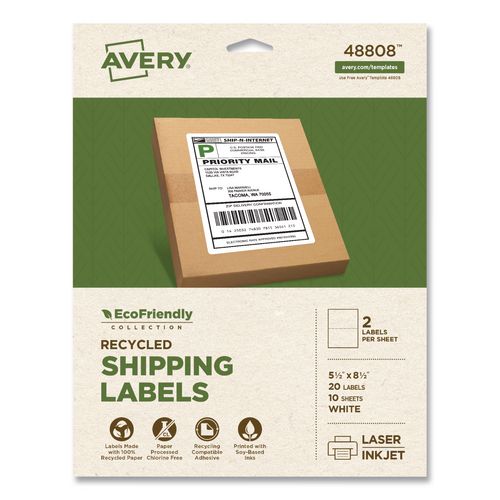 Image of Avery® 48808 EcoFriendly Recycled Shipping Labels, Inkjet/Laser, 5.5 x 8.5, White, 2/Sheet, 10 Sheets/Pack