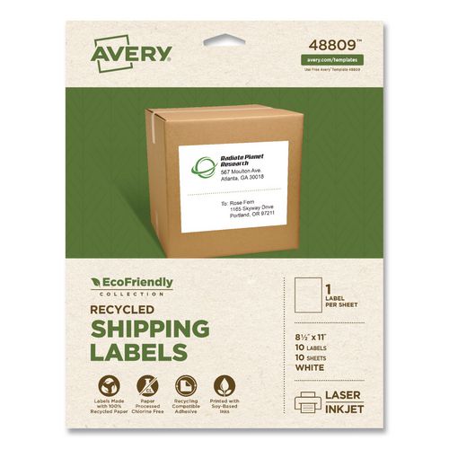 Image of Avery® 48809 EcoFriendly Recycled Shipping Labels, Inkjet/Laser, 8.5 x 11, White, 1/Sheet, 10/Pack