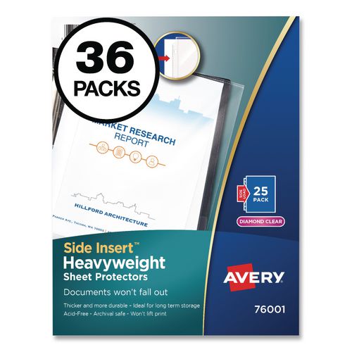 Image of Avery® 76001CT Side-Insert Heavyweight Sheet Protectors, 3-Hole Punched, Side Load, 8.5 x 11, Diamond Clear, 25/Pack, 36 Packs/Carton