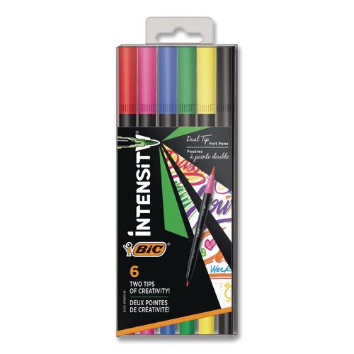 Image of BIC® FPINDP61-AST Intensity Fineliner Dual Tip Felt Pen, Stick, Fine 0.7 mm Bullet, Pressure-Sensitive Brush, Assorted Ink/Barrel Colors, 6/PK