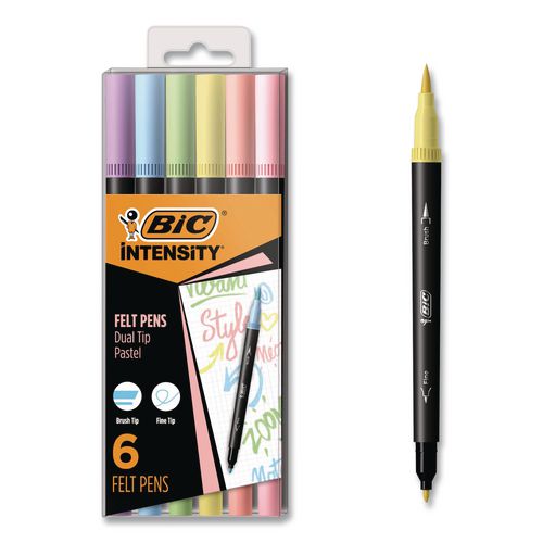Image of BIC® FPPDT6-AST Intensity Fineliner Dual Tip Felt Pen, Stick, Fine 0.7 mm Bullet, Variable Brush, Assorted Pastel Ink/Barrel Colors, 6/Pack