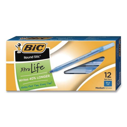 Image of BIC® GSM11BLUCT Round Stic Xtra Life Ballpoint Pen, Stick, Medium 1 mm, Blue Ink, Translucent Blue Barrel, 12/Box, 36 Boxes/Carton