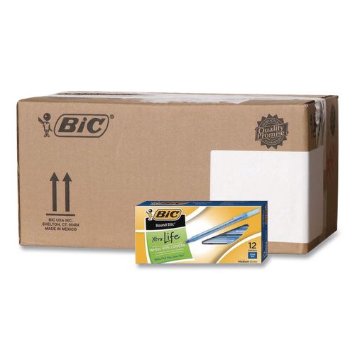 Image of BIC® GSM11BLUCT Round Stic Xtra Life Ballpoint Pen, Stick, Medium 1 mm, Blue Ink, Translucent Blue Barrel, 12/Box, 36 Boxes/Carton