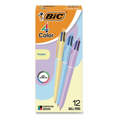 Image of BIC® MMA11-AST 4-Color Multi-Color Ballpoint Pen, Retractable, Medium 1 mm, Black/Blue/Green/Red Ink, Assorted Pastel Barrel Colors, 12/Box