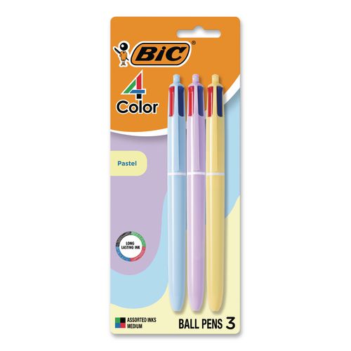 Image of BIC® MMAP3-AST 4-Color Multi-Color Ballpoint Pen, Retractable, Medium 1 mm, Black/Blue/Green/Red Ink, Assorted Pastel Barrel Colors, 3/Pack