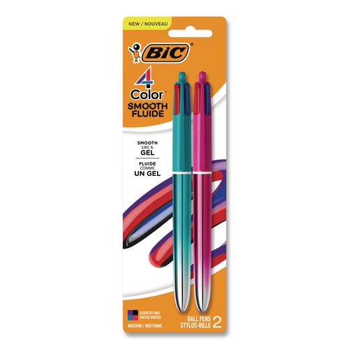 Image of BIC® MMSGP2-AST 4-Color Smooth Multi-Color Ballpoint Pen, Retractable, Medium 1 mm, Black/Blue/Purple/Red Ink, Assorted Barrel Colors, 2/Pack