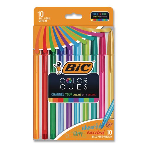 Image of BIC® WMSUA10-AST Color Cues Cristal Xtra Smooth Ballpoint Pen, Stick, Medium 1.2 mm, Assorted Ink and Barrel Colors, 10/Box