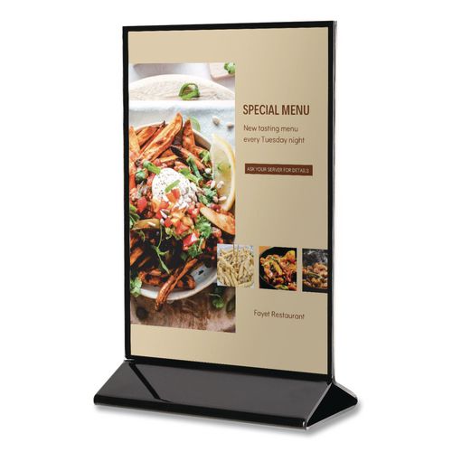 Image of deflecto® 4429 Tabletop Sign and Menu Holder, 5 x 7 Insert, Clear with Black Frame