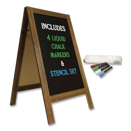 Image of Excello Global Products® GPP-0001-S Indoor/Outdoor A-Frame Sidewalk Sign, Black 18 x 29 Surface, Brown Frame, 22 x 25 x 40