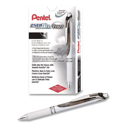 Image of Pentel® BL77PW-A EnerGel Pearl Deluxe RTX Gel Pen, Retractable, Medium 0.7 mm, Black Ink, Pearl White/Smoke Barrel, Dozen