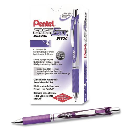 Image of Pentel® PENBL77V EnerGel RTX Deluxe Gel Pen, Retractable, Medium 0.7 mm, Violet Ink, Silver/Violet Barrel, Dozen