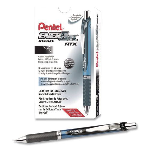 Image of Pentel® BLN75A EnerGel RTX Deluxe Gel Pen, Retractable, Fine 0.5 mm, Black Ink, Black/Blue Barrel, Dozen