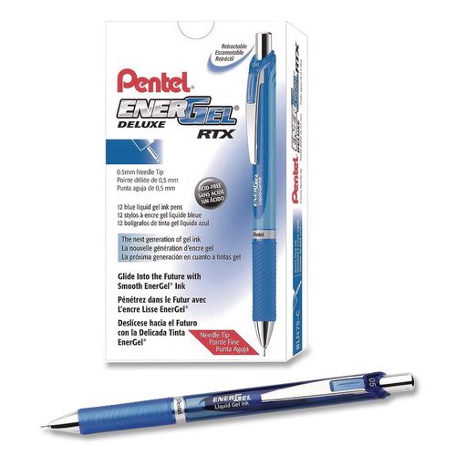 Image of Pentel® BLN75C EnerGel RTX Deluxe Gel Pen, Retractable, Fine 0.5 mm, Blue Ink, Blue Barrel, Dozen