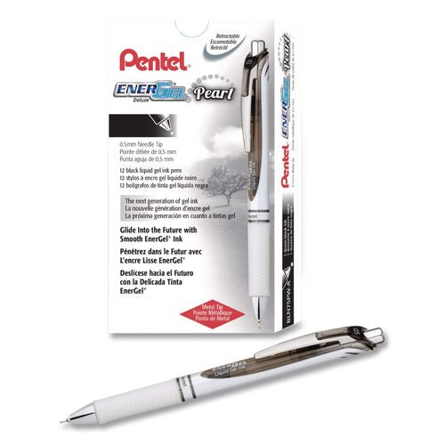 Image of Pentel® BLN75PW-A EnerGel Pearl Deluxe RTX Gel Pen, Retractable, Fine 0.5 mm, Black Ink, Pearl White/Black Barrel, Dozen