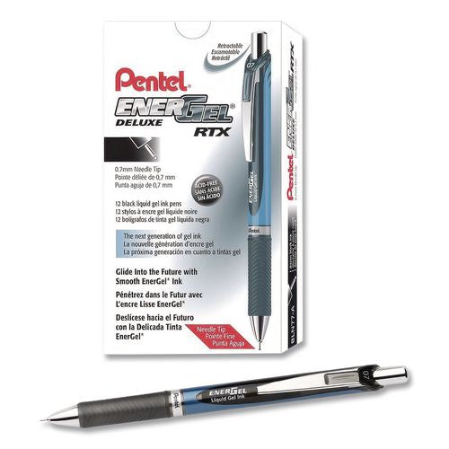 Image of Pentel® BLN77-A EnerGel RTX Deluxe Gel Pen, Retractable, Medium 0.7 mm, Black Ink, Black/Blue Barrel, Dozen
