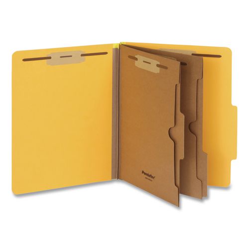 Image of Pendaflex® 1006942 Heavy-Duty Pressboard Classification Folder, Expands 2", 2 Full-Pocket Dividers, 6 Fasteners, Letter Size, Yellow, 10/Box