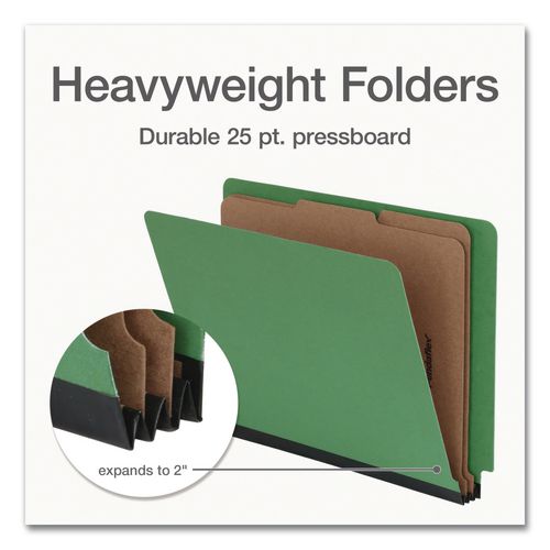 Image of Pendaflex® 1006948 Heavy-Duty Pressboard End Tab Classification Folders, Expands 2", 2 Dividers, 6 Fasteners, Letter Size, Green, 10/Box