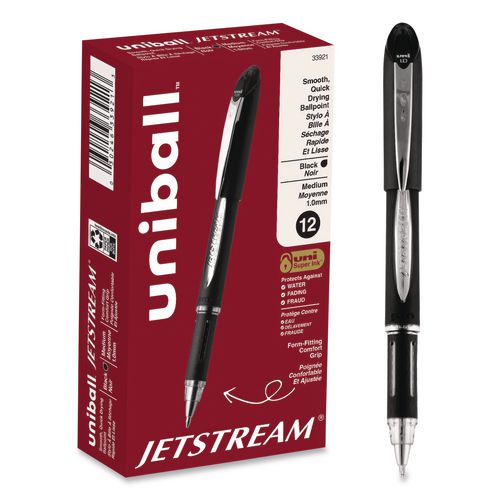 Image of uniball® 33921 Jetstream Form-Fitting Comfort Grip Hybrid Gel Pen, Stick, Medium 1 mm, Black Ink, Black/Silver Barrel, Dozen