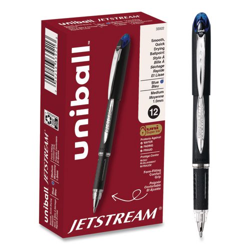 Image of uniball® 33922 Jetstream Form-Fitting Comfort Grip Hybrid Gel Pen, Stick, Medium 1 mm, Blue Ink, Black/Silver/Blue Barrel, Dozen