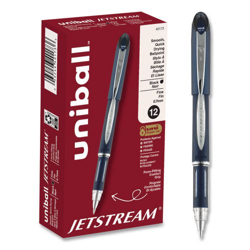 Image of uniball® 40173 Jetstream Form-Fitting Comfort Grip Hybrid Gel Pen, Stick, Fine 0.7 mm, Black Ink, Black/Silver Barrel, Dozen