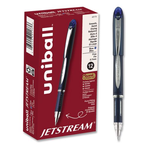 Image of uniball® 40174 Jetstream Form-Fitting Comfort Grip Hybrid Gel Pen, Stick, Fine 0.7 mm, Blue Ink, Black/Silver/Blue Barrel, Dozen