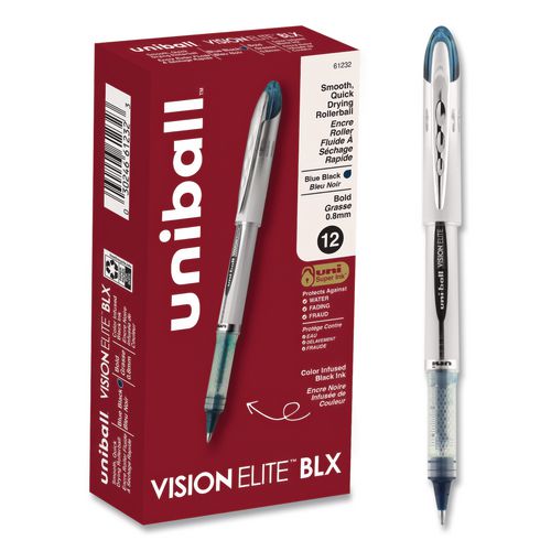 Image of uniball® 61232 VISION ELITE BLX Series Rollerball Pen, Stick, Bold 0.8 mm, Blue-Infused Black Ink, White/Blue/Clear Barrel, Dozen