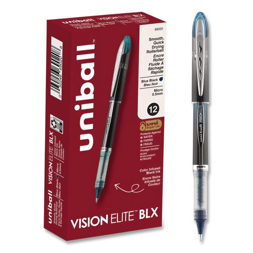 Image of uniball® 69020 VISION ELITE BLX Series Rollerball Pen, Stick, Micro 0.5 mm, Blue-Infused Black Ink, Gray/Blue/Clear Barrel, Dozen