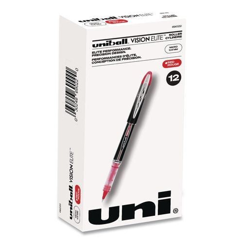 Image of uniball® 69022 VISION ELITE Rollerball Pen, Stick, Micro 0.5 mm, Red Ink, Black/Red/Clear Barrel, Dozen