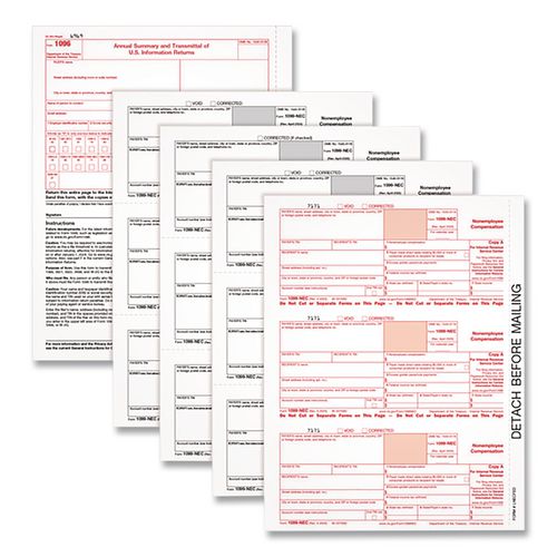 Image of Adams® 22993-NEC 4-Part 1099-NEC Tax Forms with Tax Forms Helper, Fiscal Year: 2024, 8.5 x 3.5, 3 Forms/Sheet, 50 Forms Total