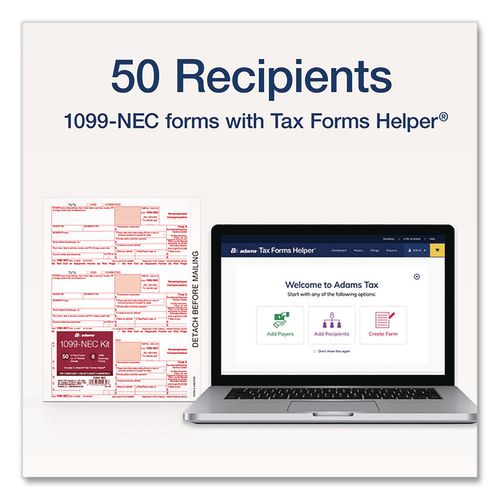 Image of Adams® 22993-NEC 4-Part 1099-NEC Tax Forms with Tax Forms Helper, Fiscal Year: 2024, 8.5 x 3.5, 3 Forms/Sheet, 50 Forms Total